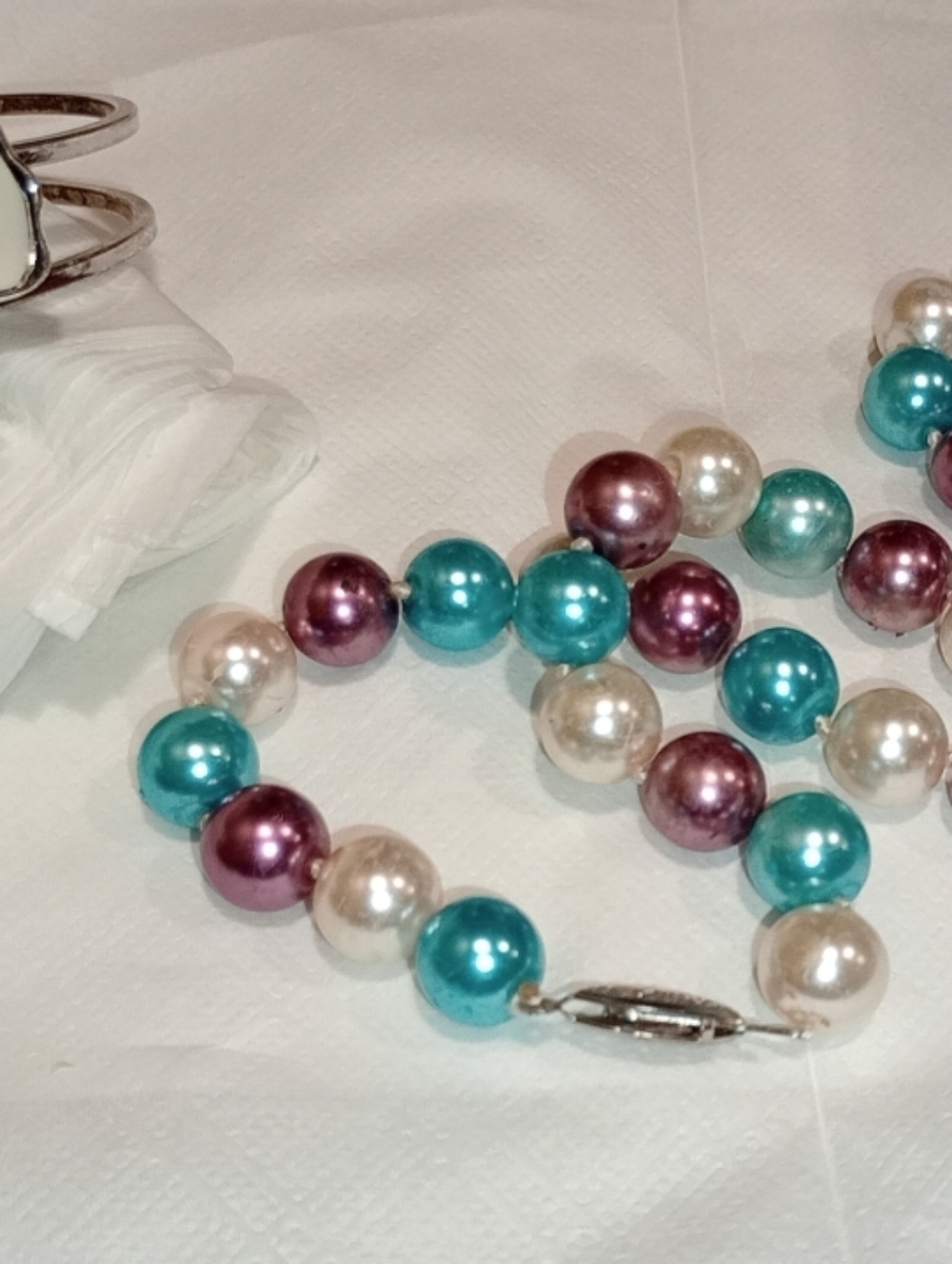 Pearl Multicolor Bead  Necklace - Teal, Purple & Ivory And Enamel Cuff Bracelet - Picture 5 of 16